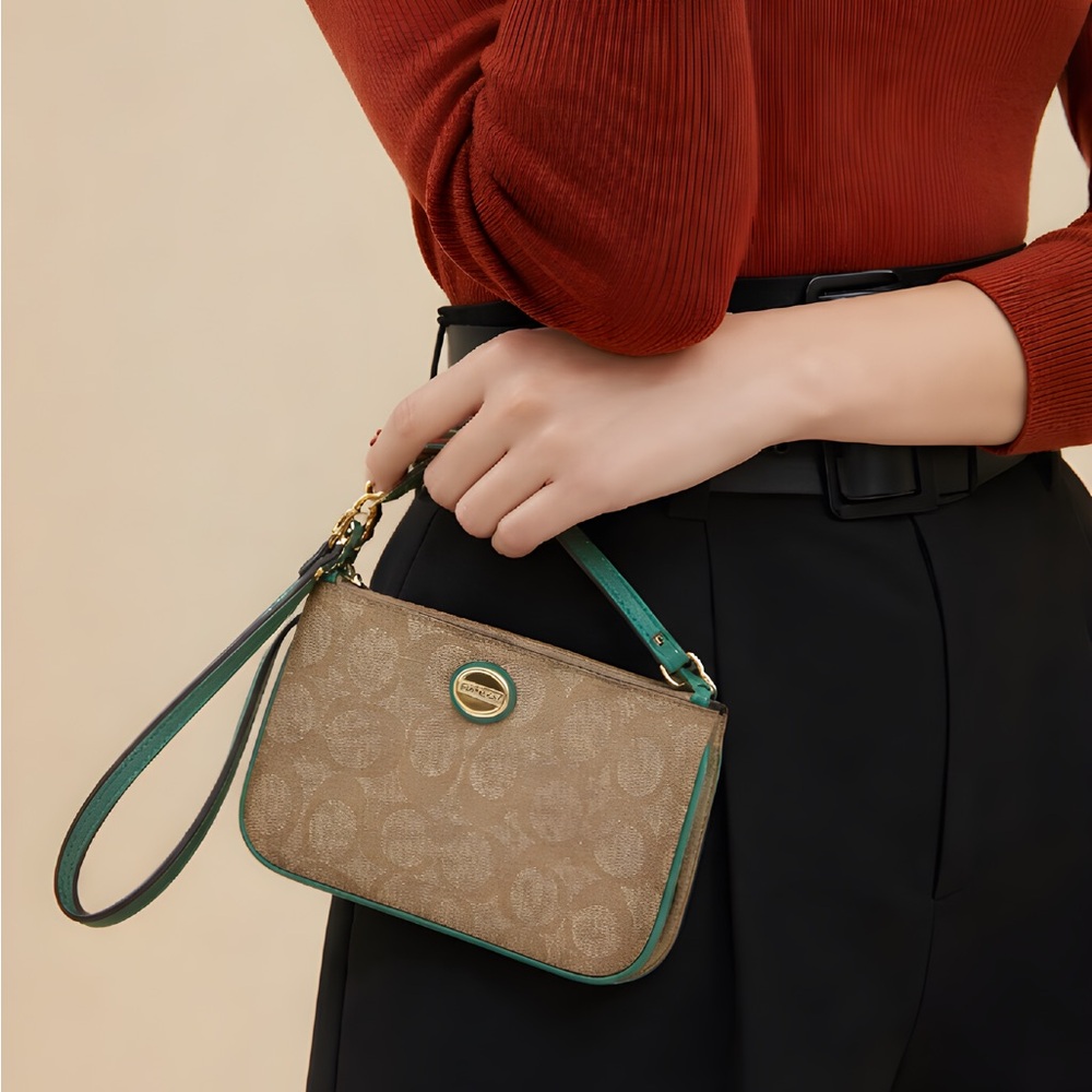 Coach Tan and Green Wristlet with Signature Monogram